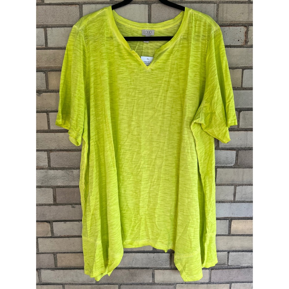 LOGO Lori Goldstein Neon Yellow Slub Knit Sharkbite Hem Top Plus Size 3X NWT
